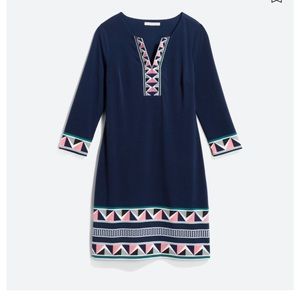 41 HAWTHORN Evalee Embroidered Navy Blue Knit V-Neck Dress S